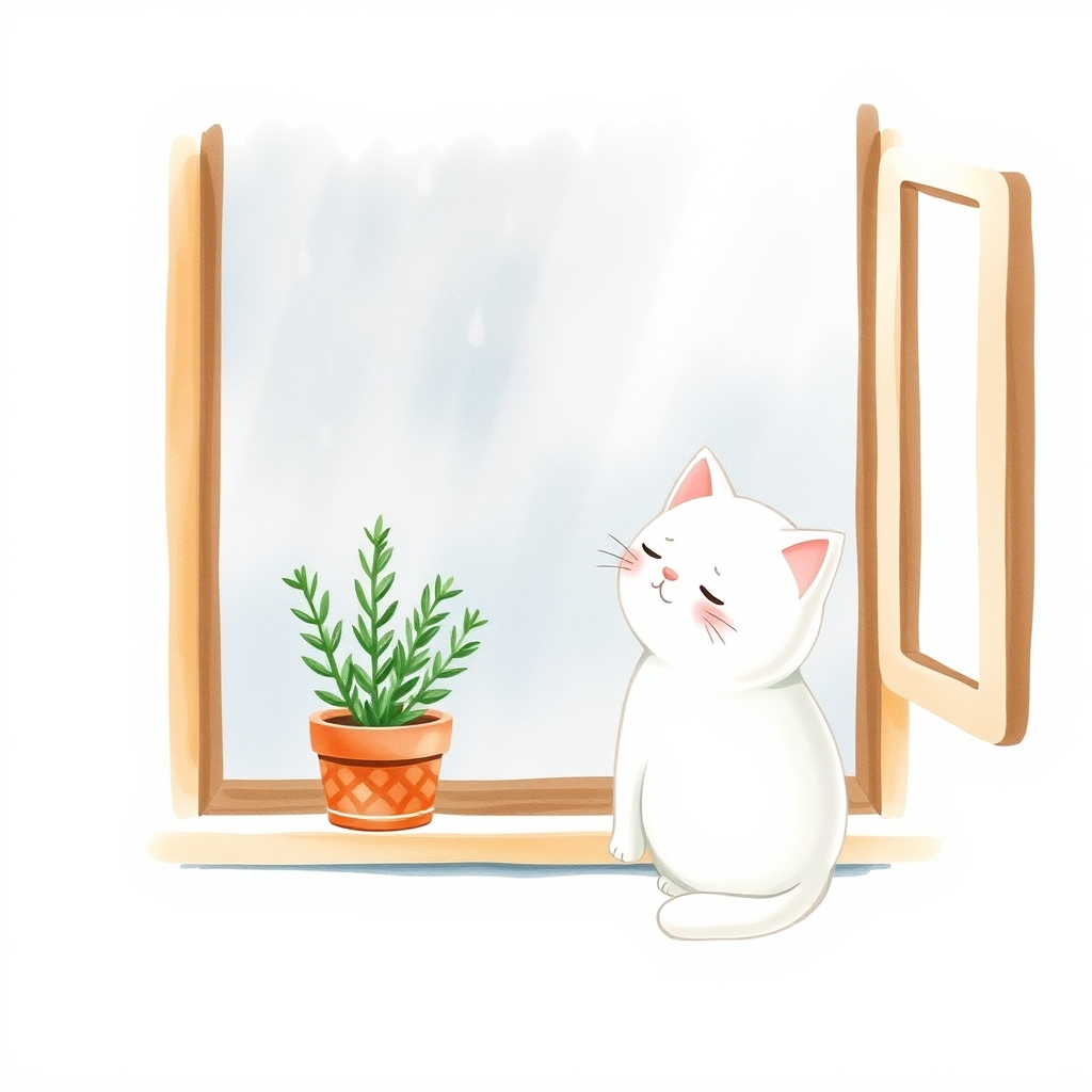 窓辺で雨を見る白猫