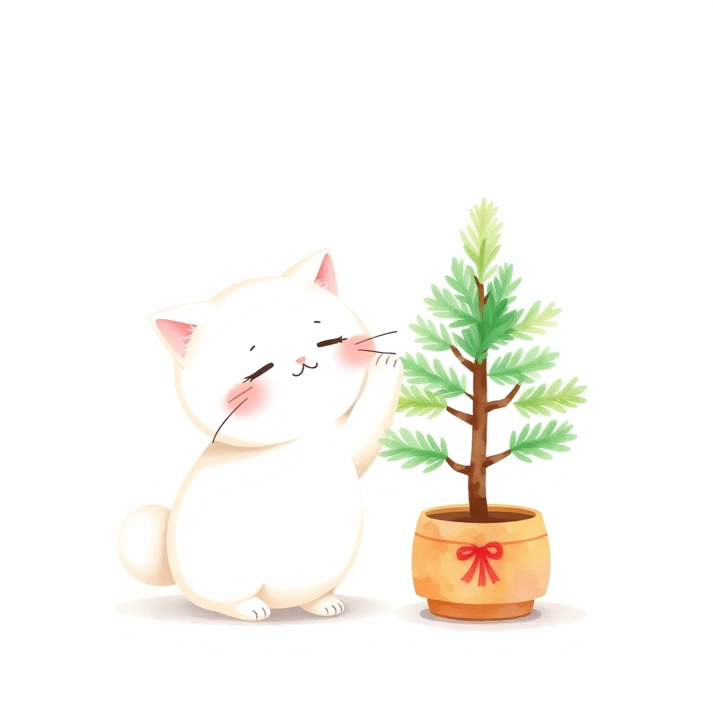 松の鉢に手を伸ばす白猫