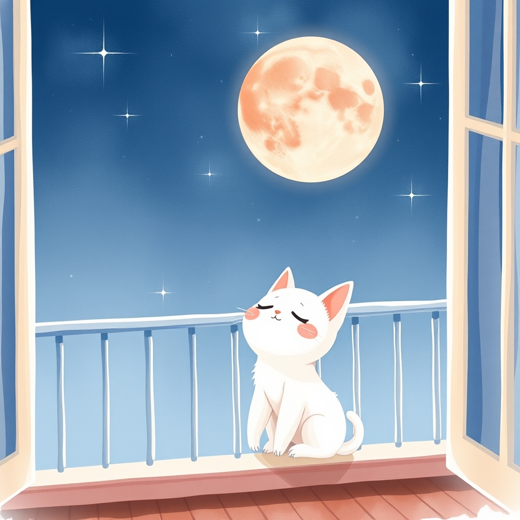 満月を見上げる白猫