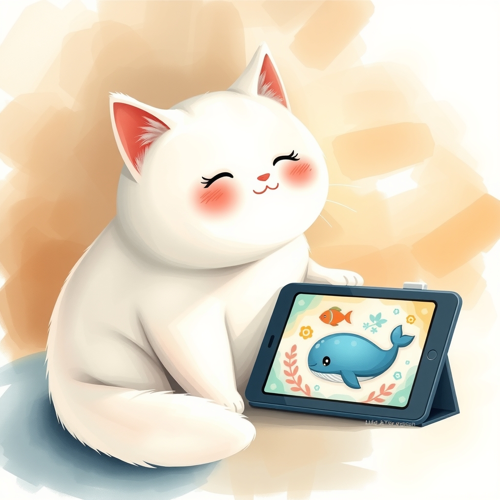 くじらの絵を見る白猫
