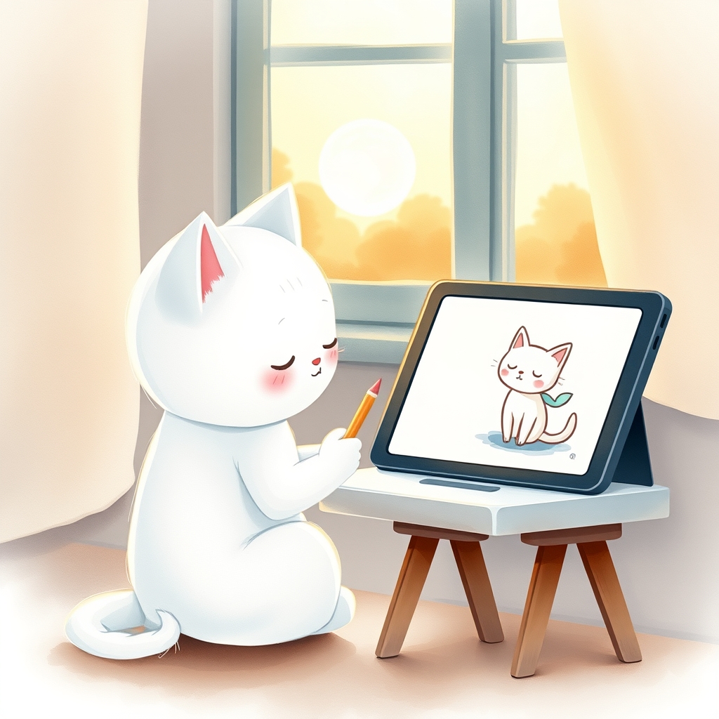 タブレットを見ながらお絵描きする白猫