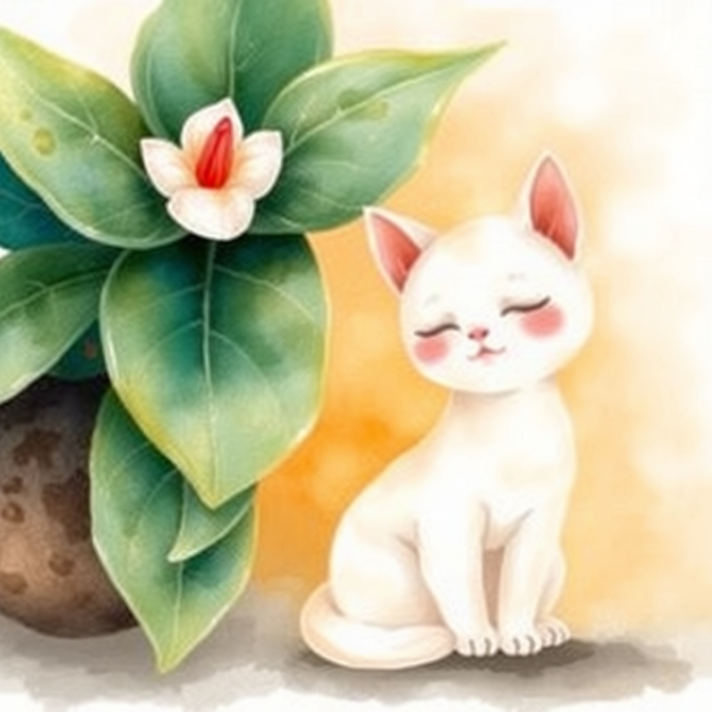 天眼石のモンステラを眺める白猫