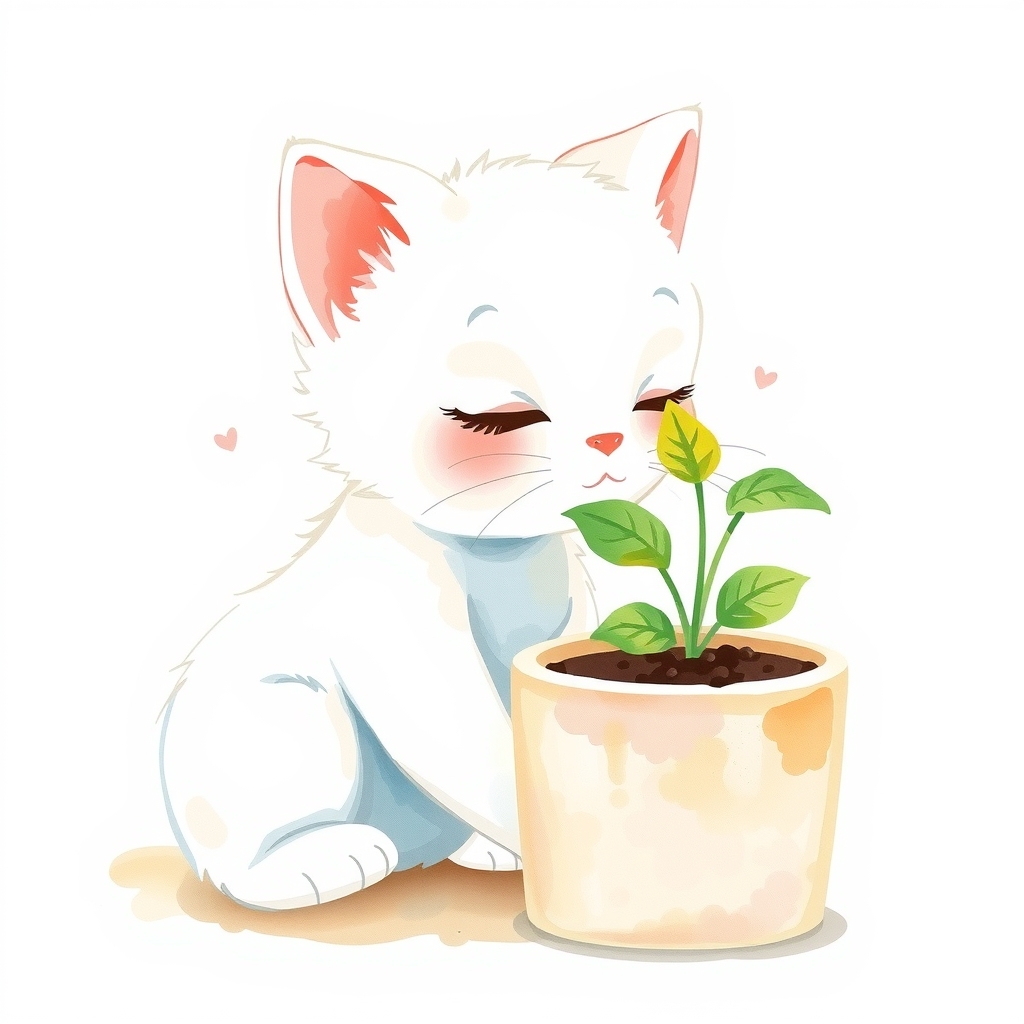 山楂の芽を見守る白猫