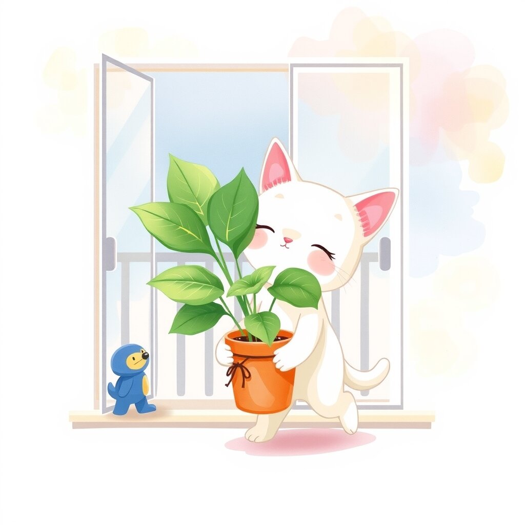 植物を室内に運ぶ白猫
