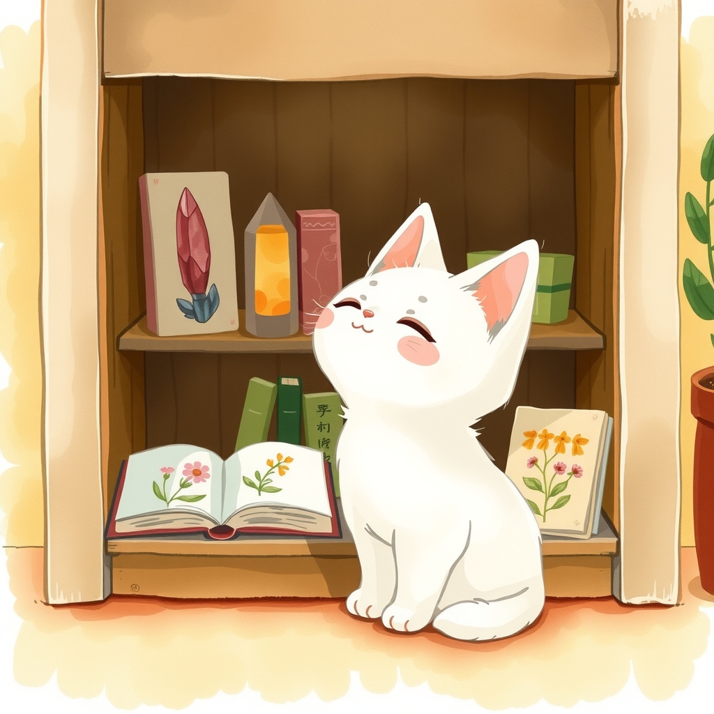 本棚の前でそっと見上げる白猫