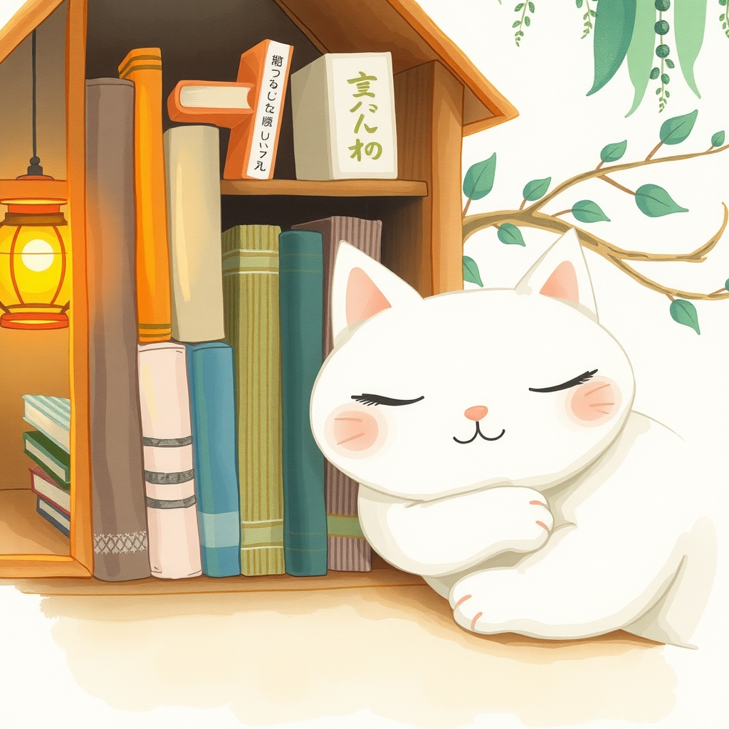 本棚の灯りの中で微笑む白猫