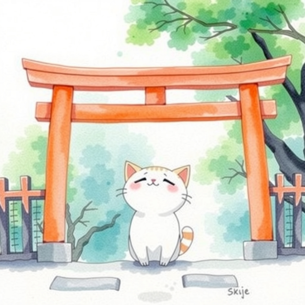 鳥居の前でそっと見上げる白猫