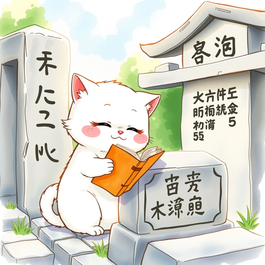 石碑を読んでいる白猫