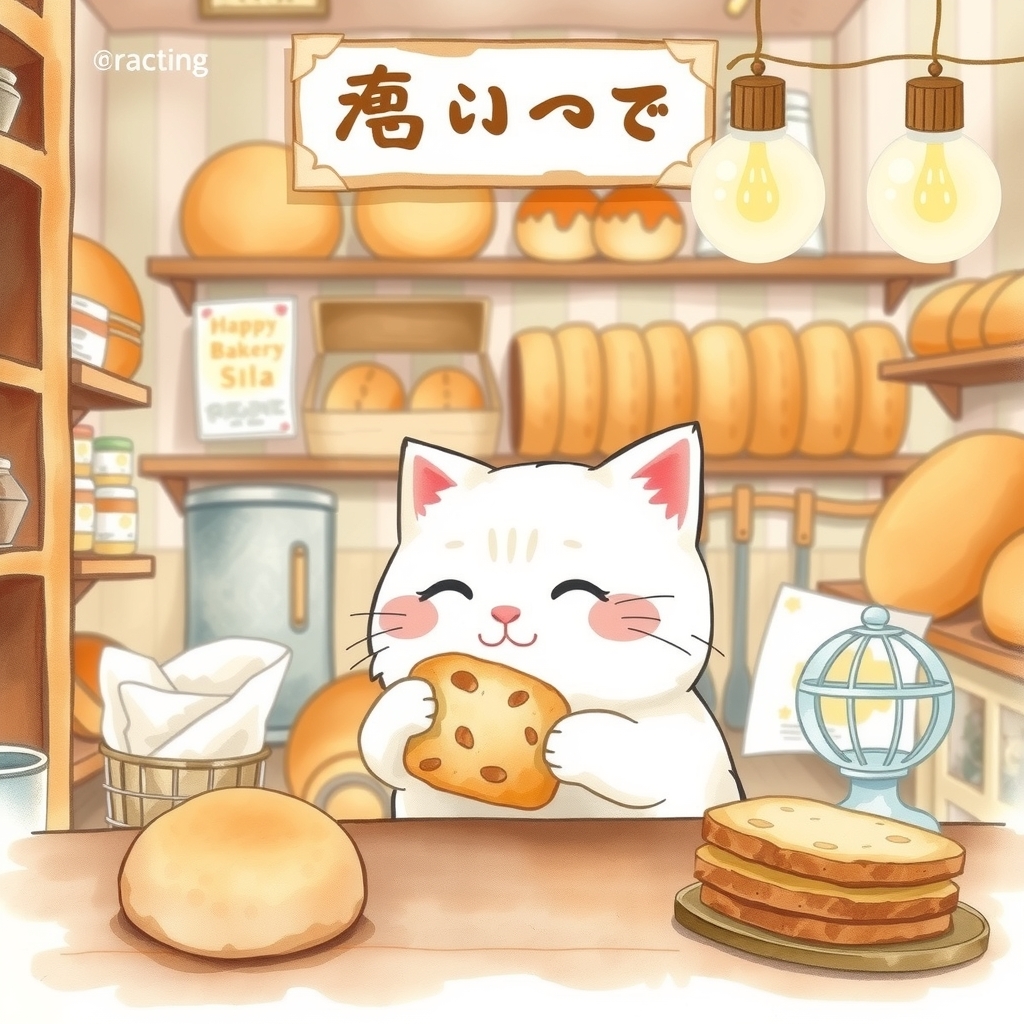 パン屋さんで嬉しそうな白猫