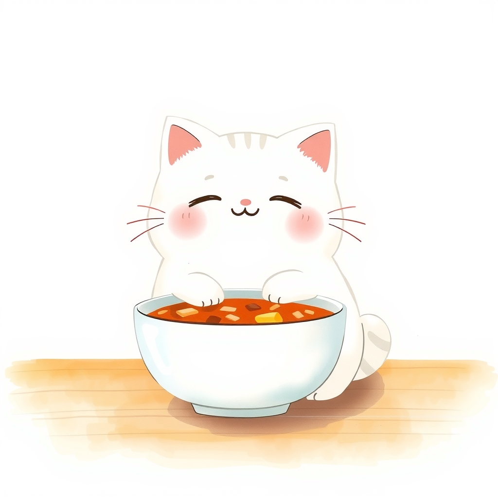 あたたかい器のそばにいる白猫