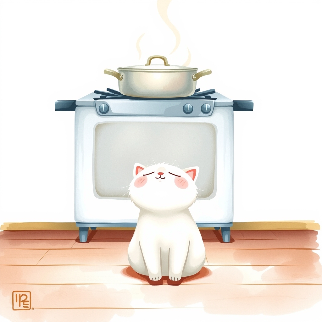 お鍋を見上げている白猫