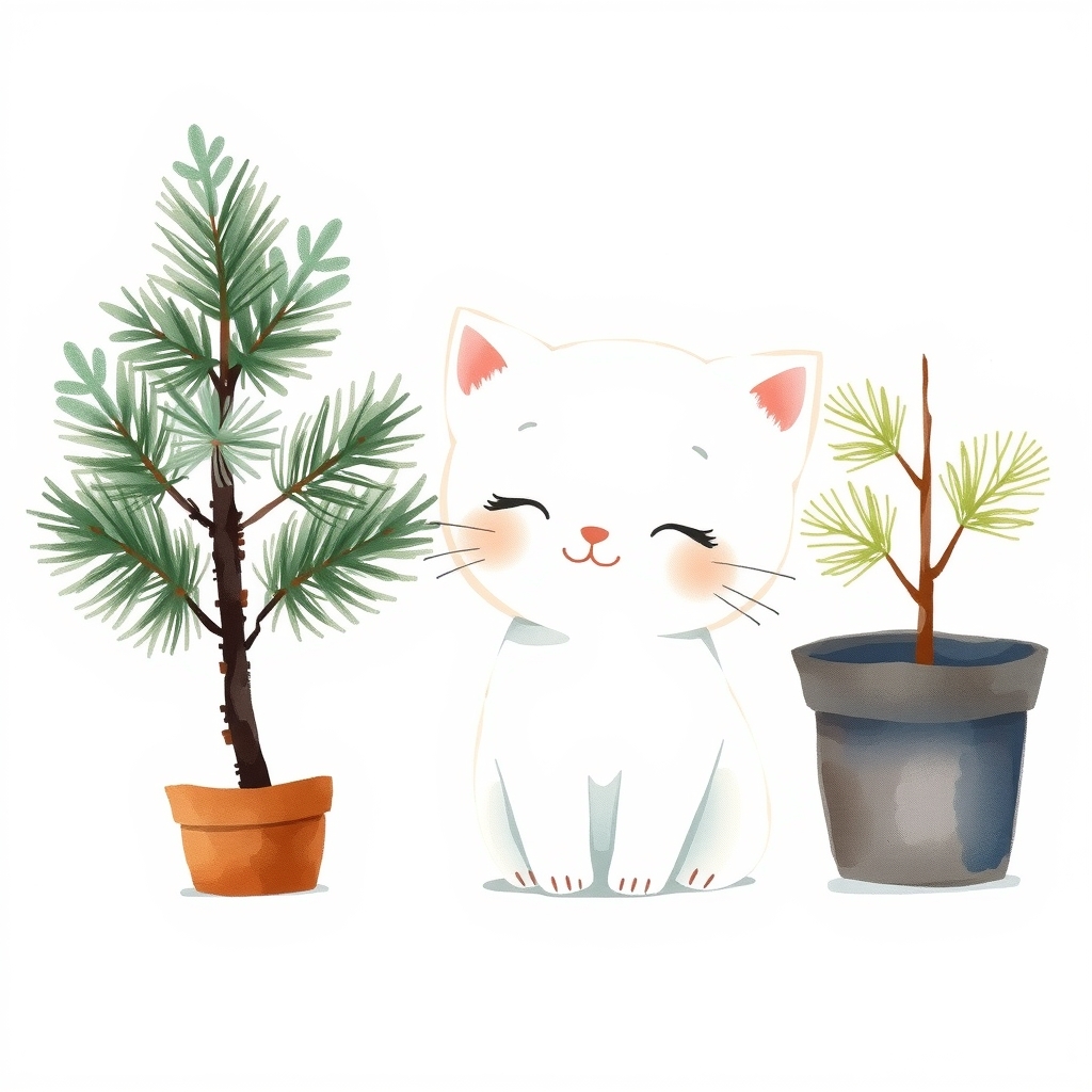 小さな松のそばにいる白猫