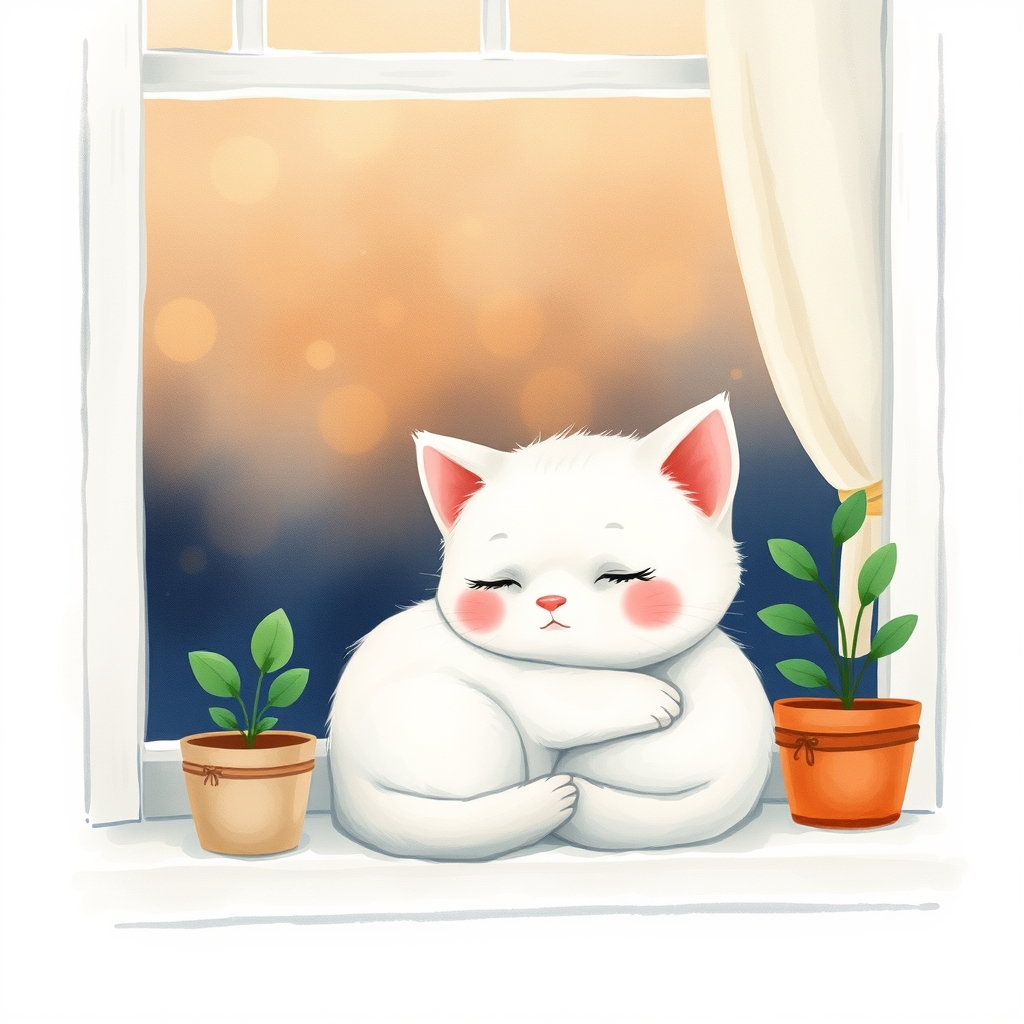 夜、 まどべ で ねむる maomao と ちいさな 緑