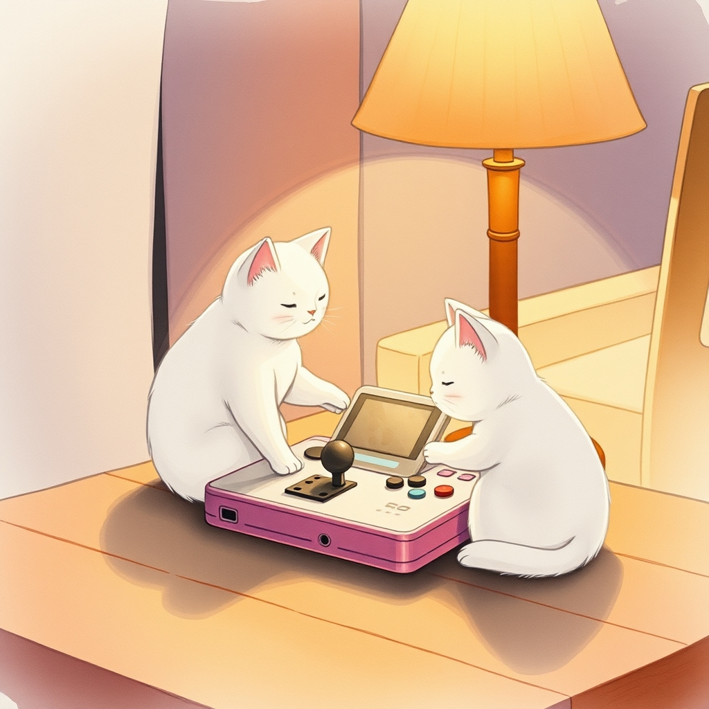 あたたかい灯りの下、猫レバーのゲーム機を見つめる白い猫